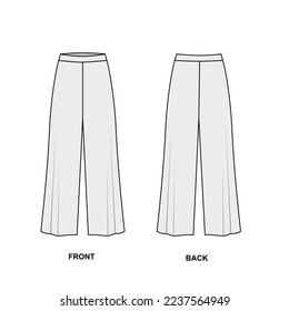 Sketch fashionable wide leg pants. Technical drawing of full length trousers. Flared trousers template, vector