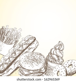 Sketch fast food background. Hand drawn illustration
