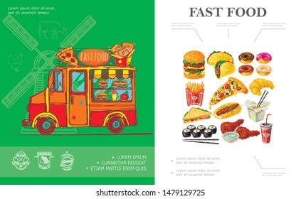 Sketch fast food concept with burger tacos donuts french fries croissant pizza slice noodles sushi rolls sandwich street van of fastfood vector illustration