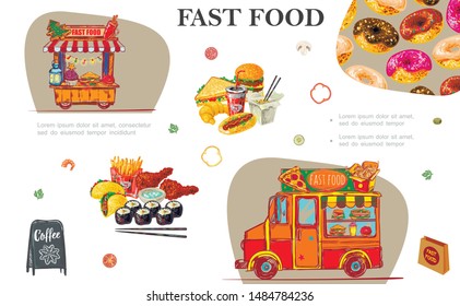 Sketch fast food elements composition with sushi rolls tacos burger donuts noodles croissant soda cup french fries street food truck and cart vector illustration