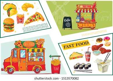 Sketch fast food elements concept with burgers pizza slice sushi french fries sandwich donuts tacos croissant noodles street food truck and cart vector illustration