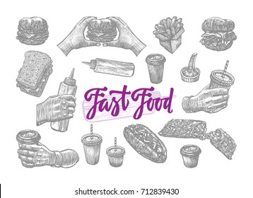 Sketch fast food elements set of hamburgers french fries ketchup burgers soda and hot dogs isolated vector illustration