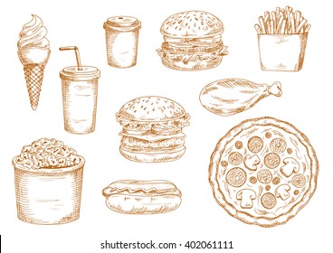 Sketch of fast food with hamburger and cheeseburger with fresh vegetables, coffee and soda paper cups, pizza and hot dog, chicken leg and ice cream cone, boxes of french fries and popcorn