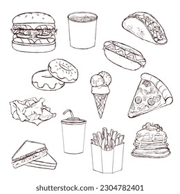 Sketch fast food illustration, vector illustration, restaurant, Hamburger, hot dog,  french fries, noodles, pizza and others for takeaway design.