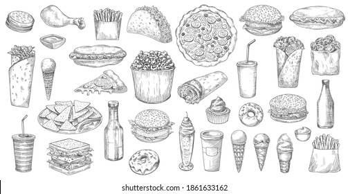 Sketch fast food isolated vector icons pizza, popcorn, nachos and taco with soda drink. Ice cream, donut and cupcake burritos and burger with hot dog and french fries junk meals, street fastfood set