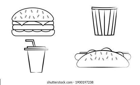 Sketch fast food isolated vector icons pizza, popcorn, nachos and taco with soda drink. Ice cream, donut and cupcake burritos and burger with hot dog and french fries junk meals, street fastfood set