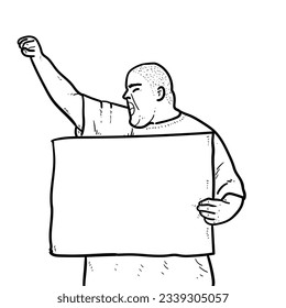 Sketch Fat Guy or man bring blank paper or sign board to protest something demonstration isolated on White background vector modern illustrations