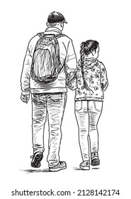 Sketch of father with daughter walking together for a stroll