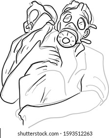 sketch of father with gas mask holding his child vector illustration sketch doodle hand drawn with black lines isolated on white background