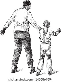 Sketch of a father with his daughter riding the rollers skates