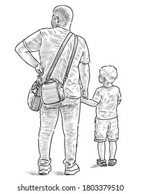 Sketch of a father with his little son on a stroll on summer day