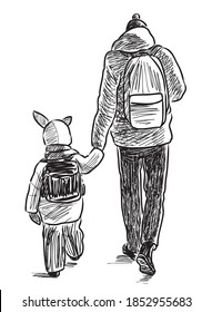 Sketch of a father with his small child walking along street