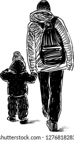 Sketch of a father with his son going on a stroll