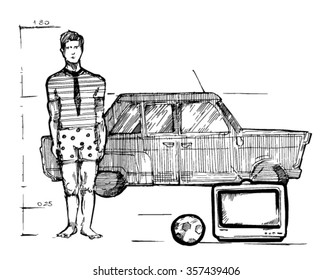 sketch of father and his things