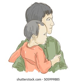 sketch of father holding baby, free hand drawing, vector illustration