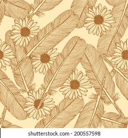 Sketch feather and daisy, vector vintage seamless pattern 