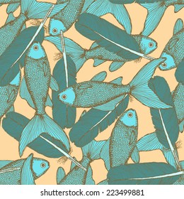 Sketch feather and fish, vector unexpected seamless pattern