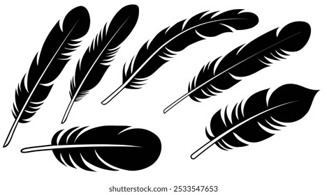 Sketch feathers of macaw, quill, eagle,crow. Hand-drawn black birds plume, close up curved feather pen silhouette. Cut out feather icon collection simple style vintage inkwell fur vector graphic image