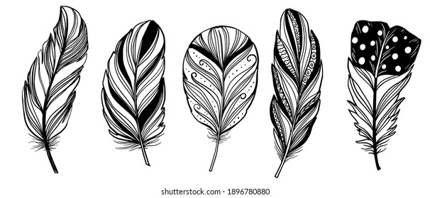 Sketch feathers set, boho style vector illustration.