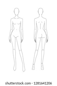 Sketch of the female body. Girl model. Front and back view. Female body template for drawing clothes. You can print and draw directly on the thumbnails. Fashion Illustration.