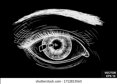 Sketch female eye on the chalk board in vintage style.