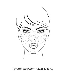 Sketch of  female face with freckles.Hand drawn illustration on white background.