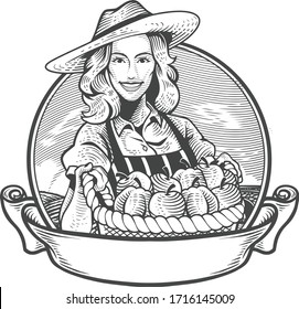 Sketch female farmer vintage character in a cheerful expression. Vector illustration