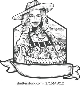 Sketch female farmer vintage character in a cheerful expression. Vector illustration