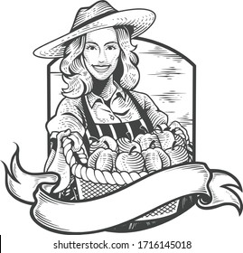 Sketch female farmer vintage character in a cheerful expression. Vector illustration