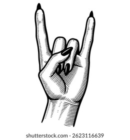 Sketch of a female hand showing the ROCK sign. Engraving style. Vector, isolated on background