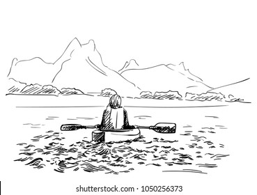 Sketch of female kayaker view from behind kayaking in shallow water with mountains on background, Hand drawn Vector illustration