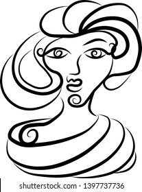 A sketch of female portrait. Doodle consisting of curved black lines isolated on white background. A vector illustration.