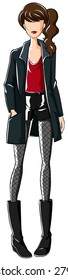 Sketch of female in red top with black coat and shorts