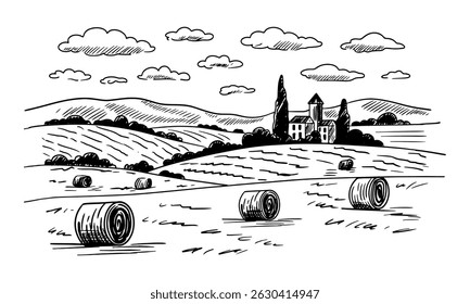 Sketch of a field with wheat and buildings. Field, trees, haystacks, clouds. Vector illustration	

