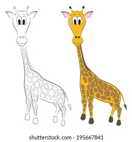 Sketch and figure of an cartoon giraffe.
