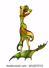 Sketch figure of a romantic painted dancing girl in a flowing skirt, black linear silhouette and bright green and yellow color, vector jn white background