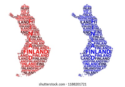 Sketch Finland letter text map, Republic of Finland - in the shape of the continent, Map Finland - red and blue vector illustration