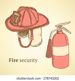 Sketch fire helmet and extinguisher in vintage style, vector