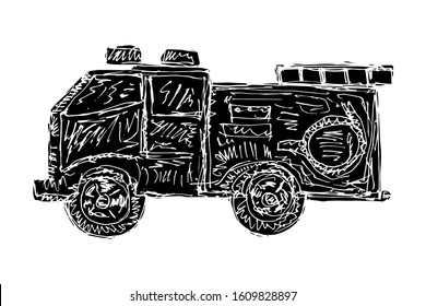 the sketch of fire truck in black