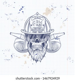 Sketch, fireman skull with helmet, beard, firehose and glasses. Poster, flyer design on a notebook page