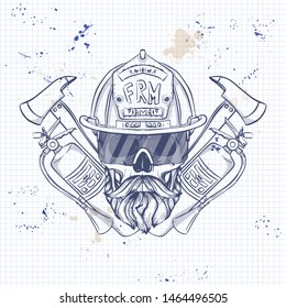 Sketch, fireman skull with helmet, glasses, beard and mustaches, fire extinguisher and axe. Poster, flyer design on a notebook page