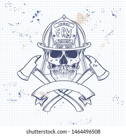Sketch, fireman skull with helmet, mustaches and axe. Poster, flyer design on a notebook page