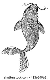 Sketch fish with beautiful ornament. Vector illustration with zen tangle koi on white background. Chalk doodle handy drawn koi