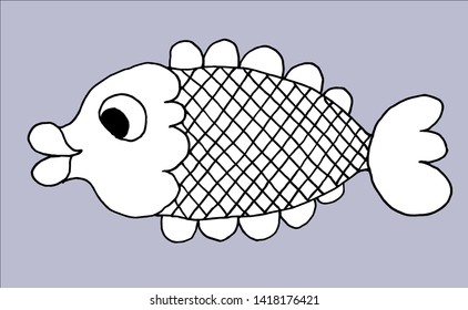 Sketch of fish with big lips on a lilac background. Vector illustration . Site about fish, animals, fishing, art, love.