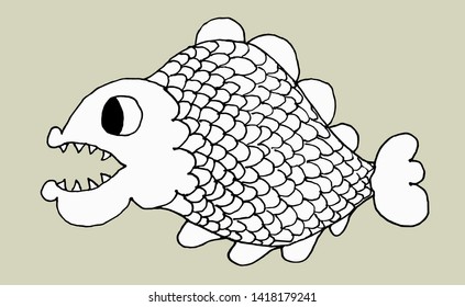 Sketch of a fish with big teeth on a gray background. Vector illustration . Site about fish, animals, fishing, hunting.