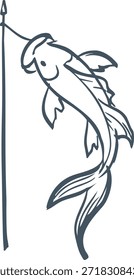 Esboço de um peixe capturado em um gancho pendurado de uma linha de pesca vertical.