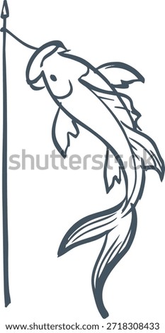 Sketch of a fish caught on a hook hanging from a vertical fishing line.