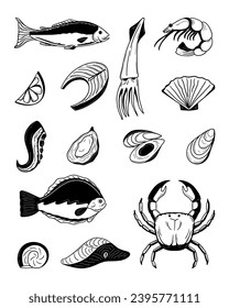 sketch fish, crab, oysters, tuna. Vector illustration