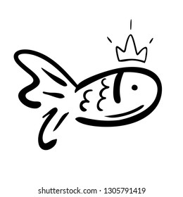 Sketch of fish with crown drawn black ink on the white background, sea animal, isolated vector element to fish shop, cafe,  restaurant, logo