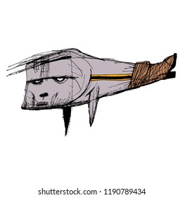 Sketch of a fish-boot. For postcards or posters, you can on the T-shirt.Can be used in social networks, for articles, publications, postcards, print, poster, sticker, on a T-shirt.